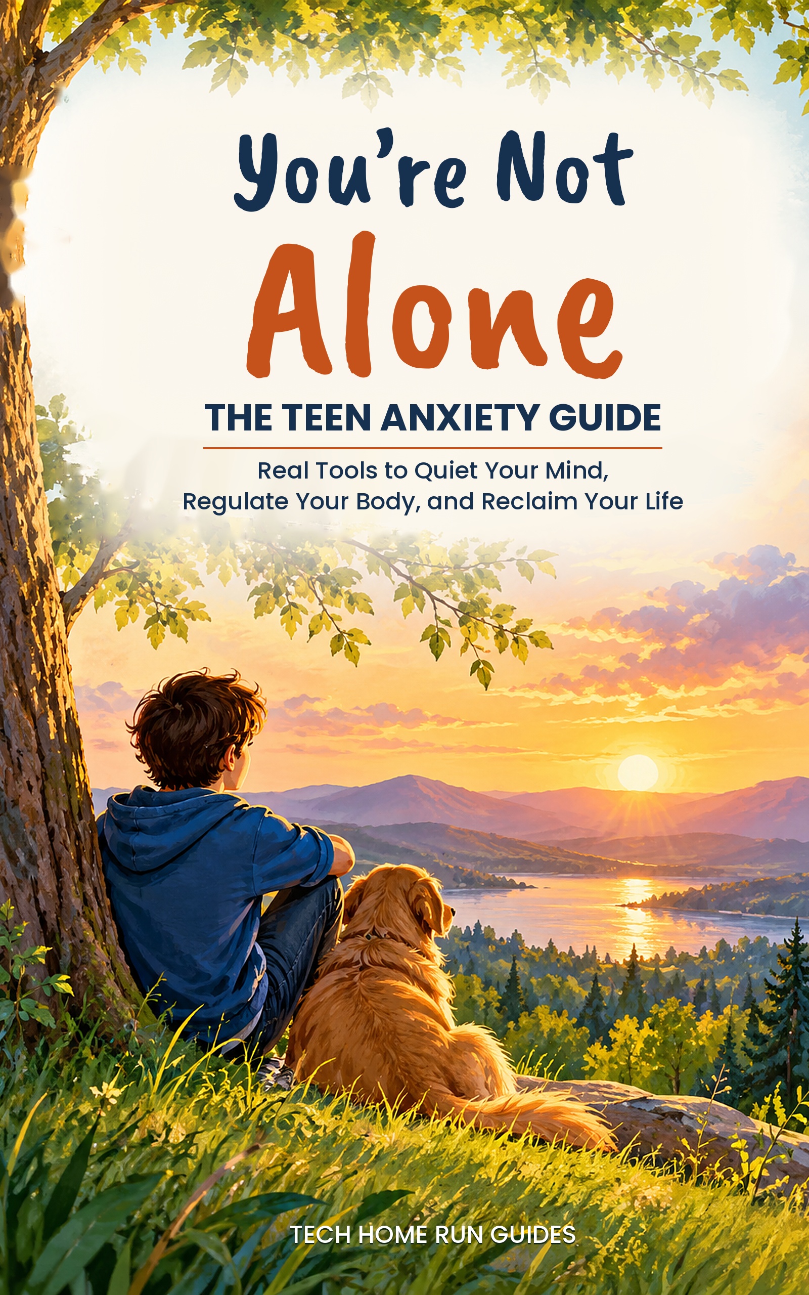 Cover of You're Not Alone: The Teen Anxiety Guide, showing a teen and a golden retriever watching a sunset